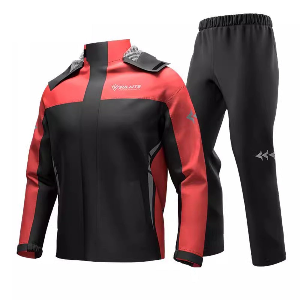 Wasserdichter Regenanzug aus Polyester mit Jacke, Hose und Packbeutel für Motorrad, Rad und Wandern in Schwarz-Rot
