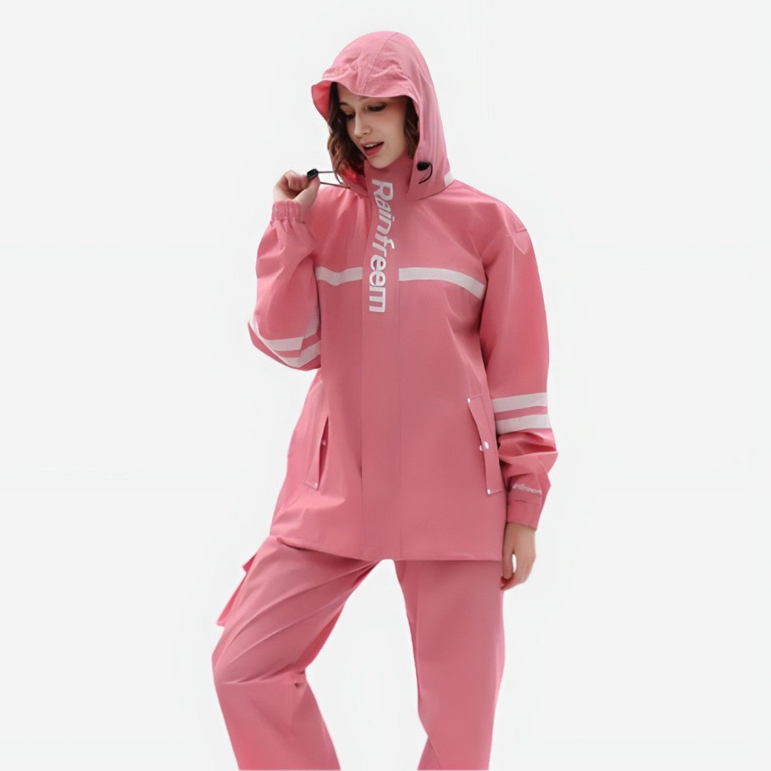 Wasserdichter Regenanzug für Damen mit Kapuzenjacke, Regenhose und Reflexstreifen in Rosa