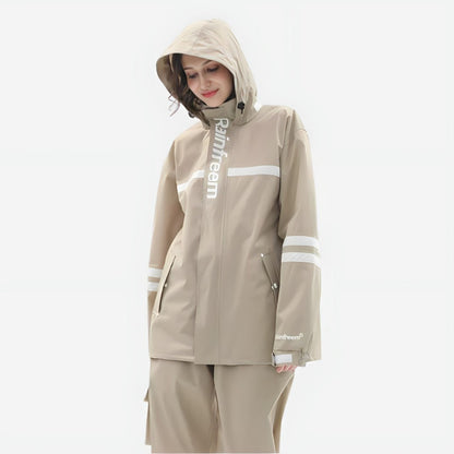 Wasserdichter Regenanzug für Damen mit Kapuzenjacke, Regenhose und Reflexstreifen in Hellbraun