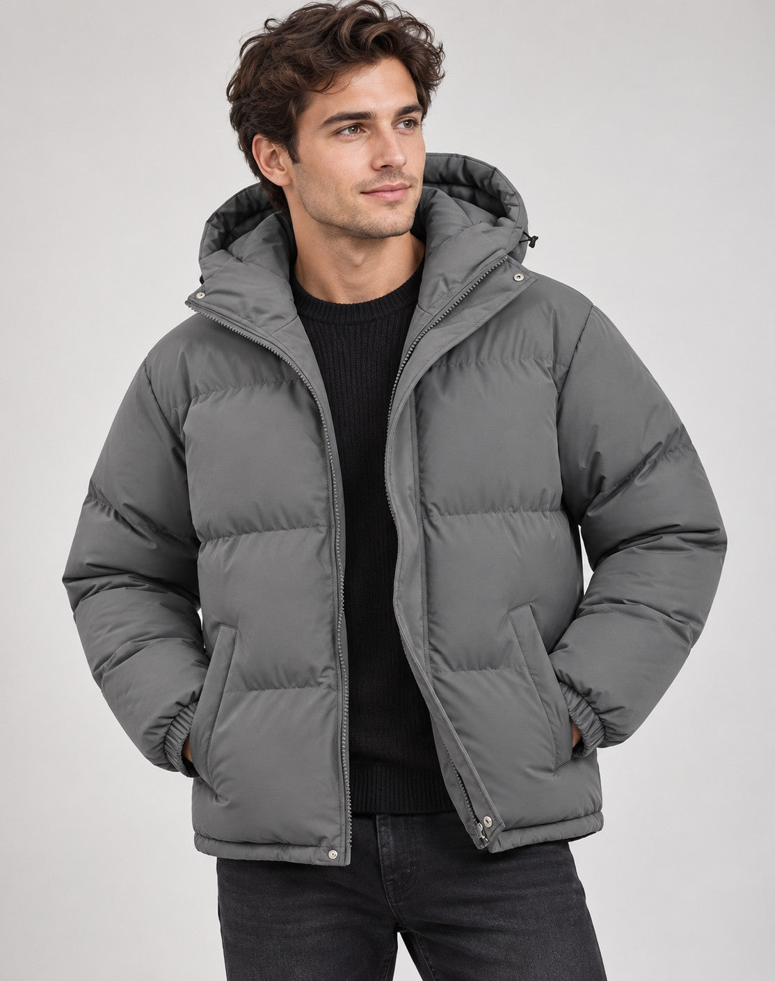 Wattierte Herren-Pufferjacke mit Kapuze, Reißverschluss und elastischen Bündchen für den Winter, Ansicht 10