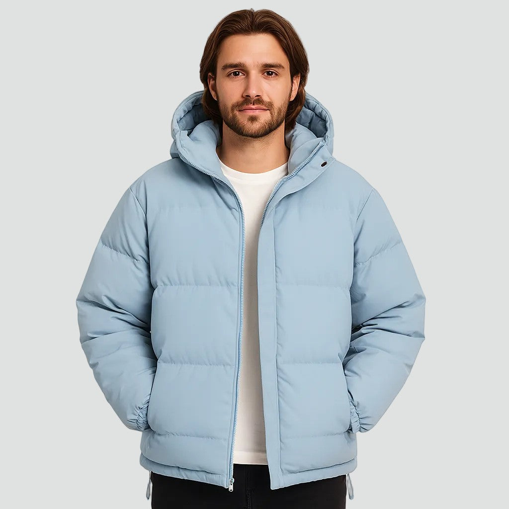 Wattierte Herren-Pufferjacke mit Kapuze, Reißverschluss und elastischen Bündchen für den Winter in Hellblau
