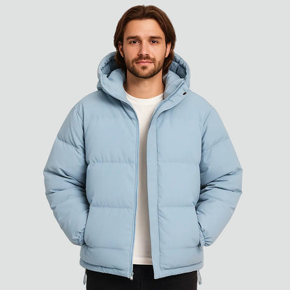 Wattierte Herren-Pufferjacke mit Kapuze, Reißverschluss und elastischen Bündchen für den Winter in Hellblau