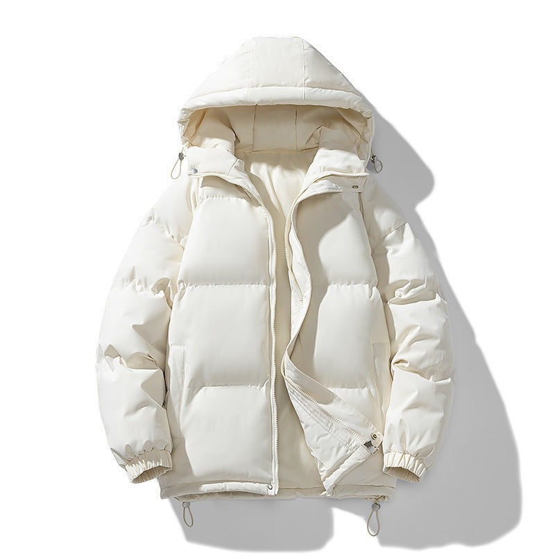 Wattierte Herren-Pufferjacke mit Kapuze, Reißverschluss und elastischen Bündchen für den Winter in Beige