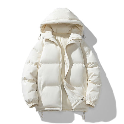 Wattierte Herren-Pufferjacke mit Kapuze, Reißverschluss und elastischen Bündchen für den Winter in Beige