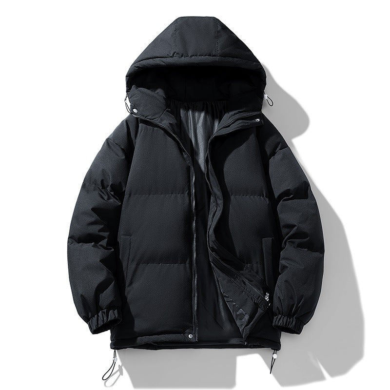 Wattierte Herren-Pufferjacke mit Kapuze, Reißverschluss und elastischen Bündchen für den Winter in Schwarz