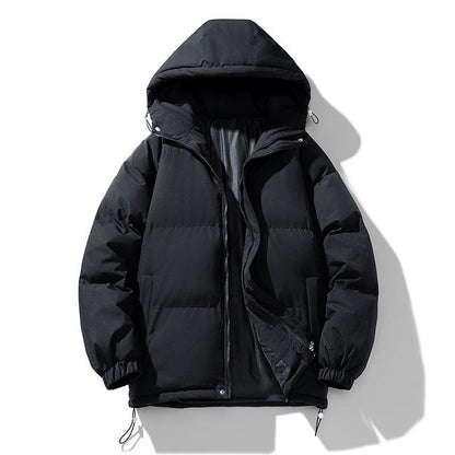 Wattierte Herren-Pufferjacke mit Kapuze, Reißverschluss und elastischen Bündchen für den Winter in Schwarz