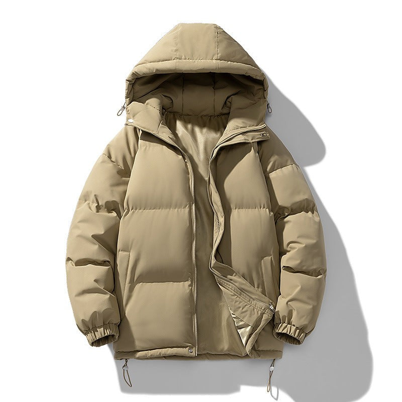 Wattierte Herren-Pufferjacke mit Kapuze, Reißverschluss und elastischen Bündchen für den Winter in Khaki