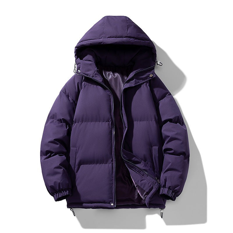 Wattierte Herren-Pufferjacke mit Kapuze, Reißverschluss und elastischen Bündchen für den Winter in Lila