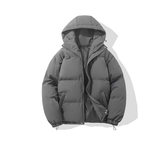 Wattierte Herren-Pufferjacke mit Kapuze, Reißverschluss und elastischen Bündchen für den Winter in Grau