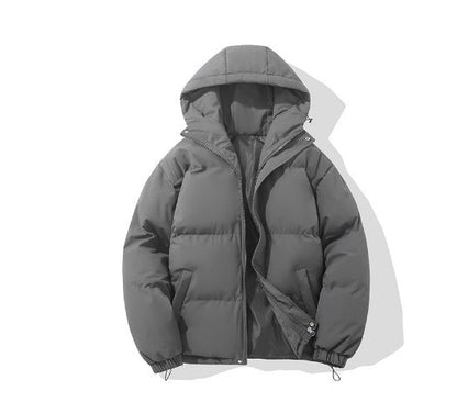 Wattierte Herren-Pufferjacke mit Kapuze, Reißverschluss und elastischen Bündchen für den Winter in Grau