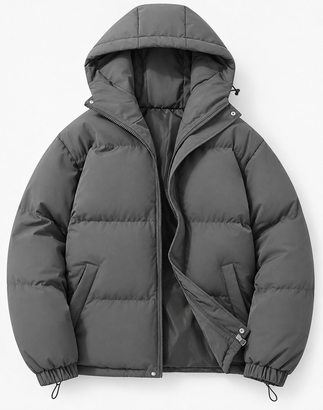 Wattierte Herren-Pufferjacke mit Kapuze, Reißverschluss und elastischen Bündchen für den Winter in Dunkelgrau