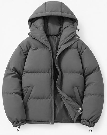 Wattierte Herren-Pufferjacke mit Kapuze, Reißverschluss und elastischen Bündchen für den Winter in Dunkelgrau