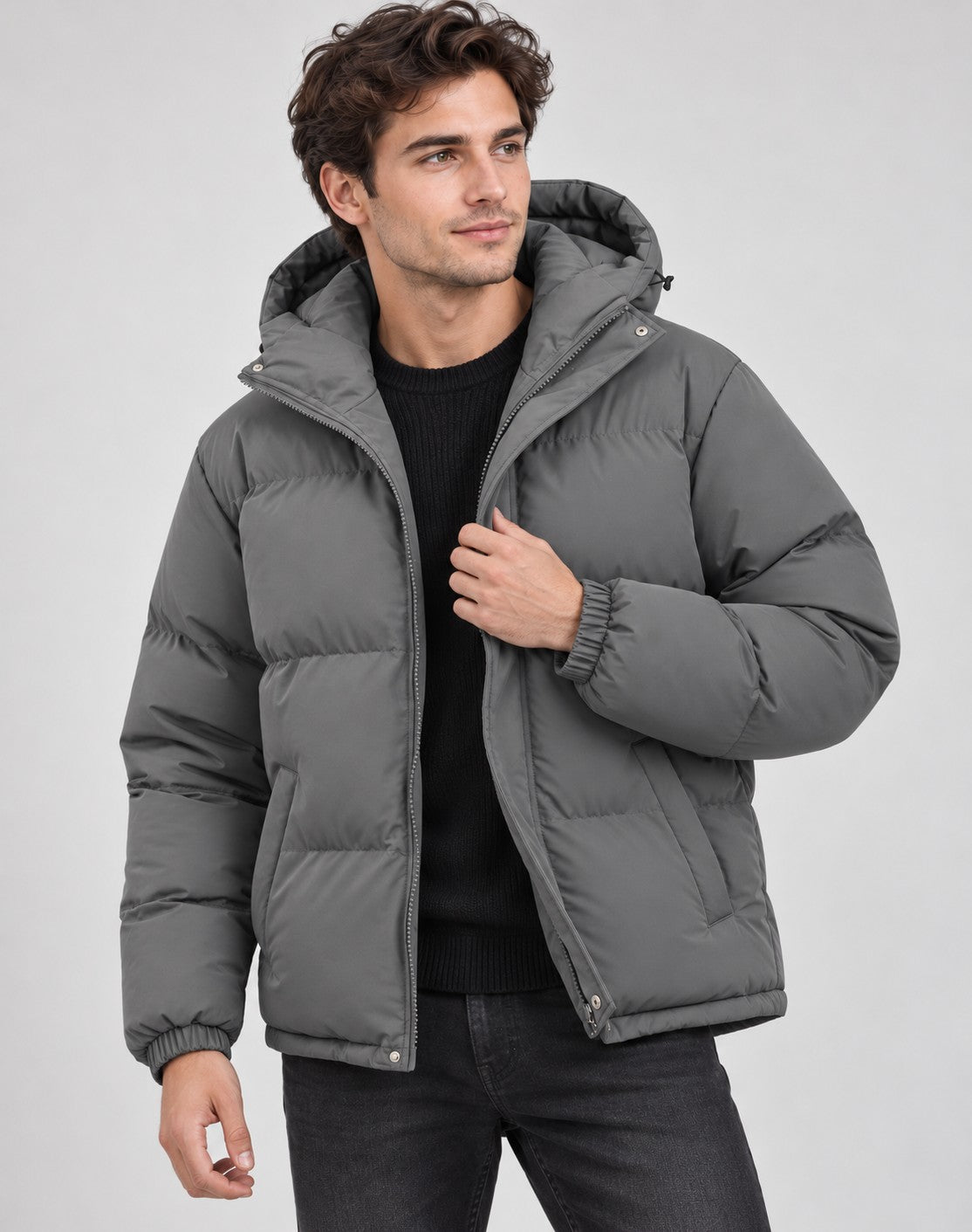 Wattierte Herren-Pufferjacke mit Kapuze, Reißverschluss und elastischen Bündchen für den Winter, Ansicht 19