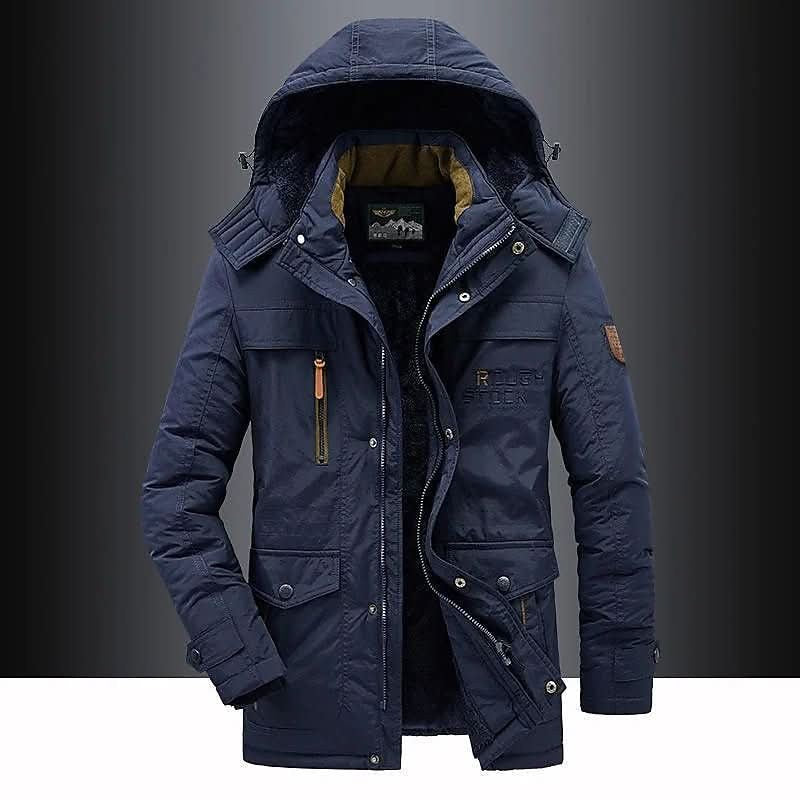 Wattierter Herren-Parka mit Fleecefutter, abnehmbarer Kapuze und winddichtem Obermaterial in Dunkelblau
