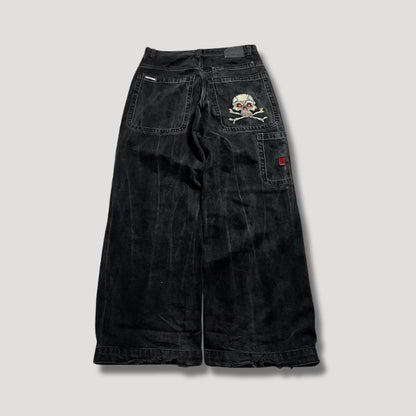 Weite Baggy-Jeans aus Denim mit hoher Taille und Totenkopf-Stickerei im Retro-Look in Schwarz