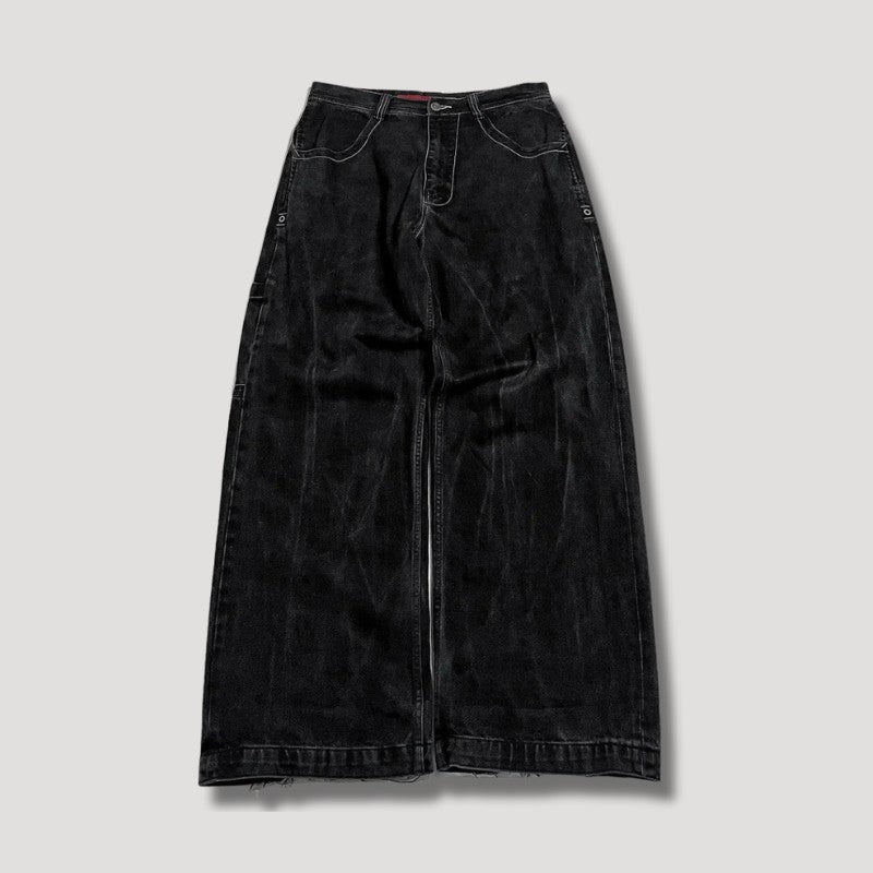 Weite Baggy-Jeans aus Denim mit hoher Taille und Totenkopf-Stickerei im Retro-Look, Ansicht 3