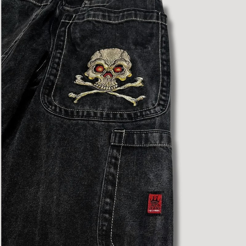 Weite Baggy-Jeans aus Denim mit hoher Taille und Totenkopf-Stickerei im Retro-Look, Ansicht 4