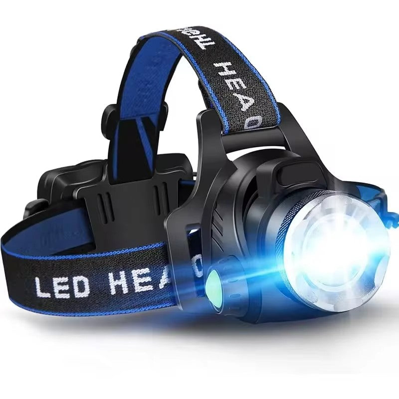 LED-Stirnlampe mit blauem Kopfband und Zoomlinse