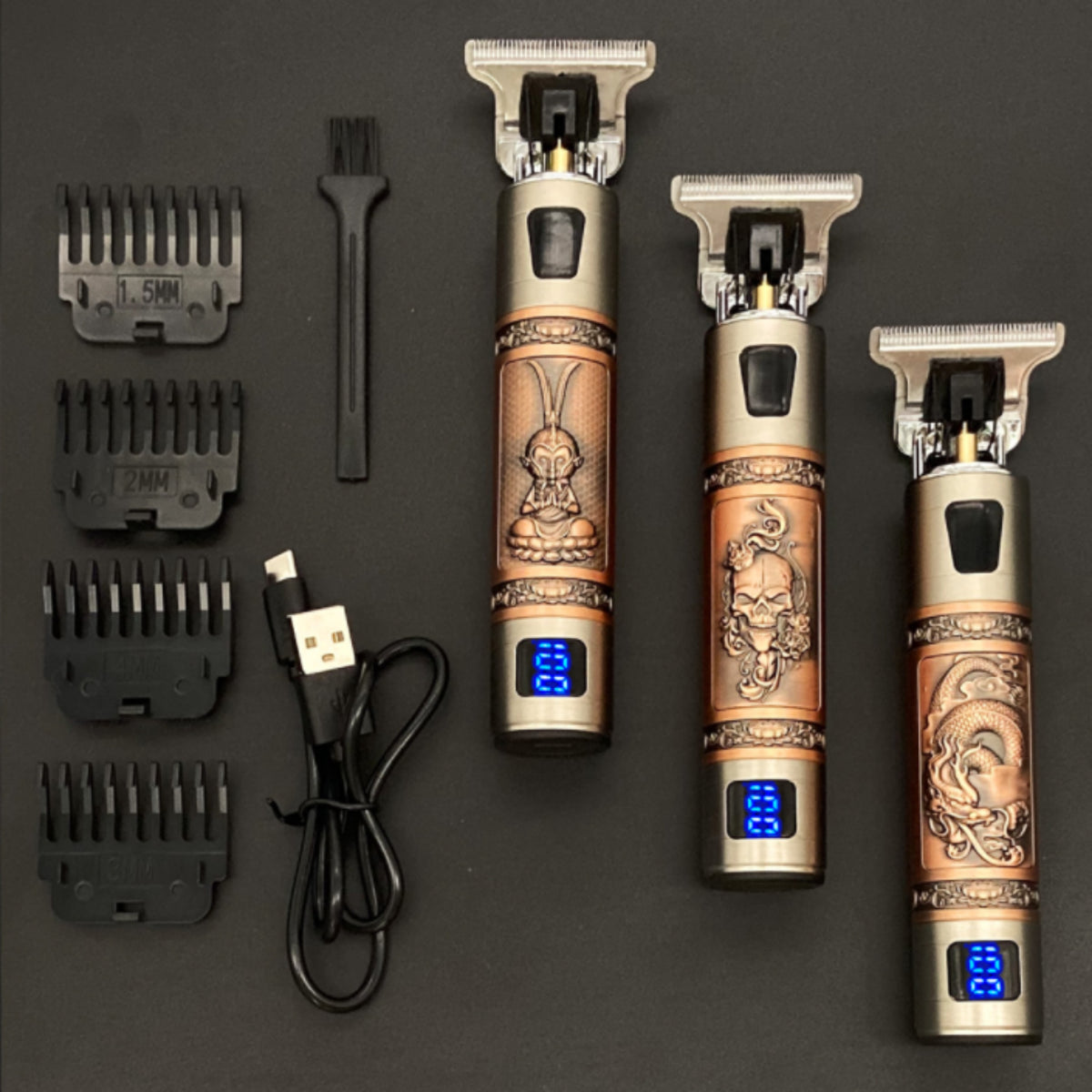 Wiederaufladbarer Haar- und Bartschneider im Vintage-Metallgehäuse mit T-Klinge und 4 Aufsätzen, Ansicht 11
