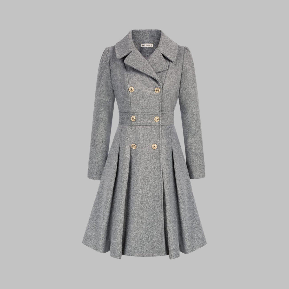 Zweireihiger Damen-Mantel mit Reverskragen, Taillenbund und ausgestelltem Faltenschoß in Hellgrau
