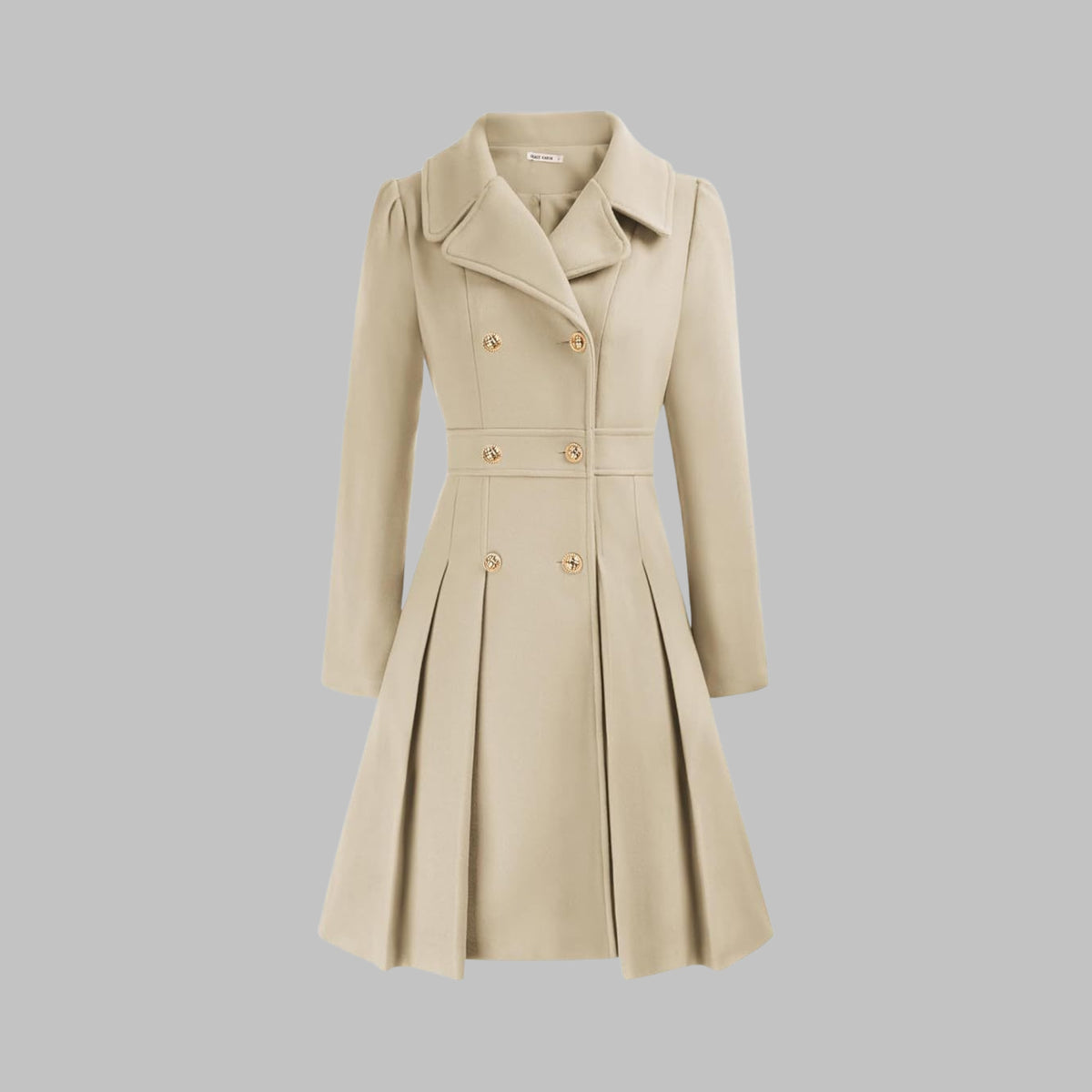 Zweireihiger Damen-Mantel mit Reverskragen, Taillenbund und ausgestelltem Faltenschoß in Beige