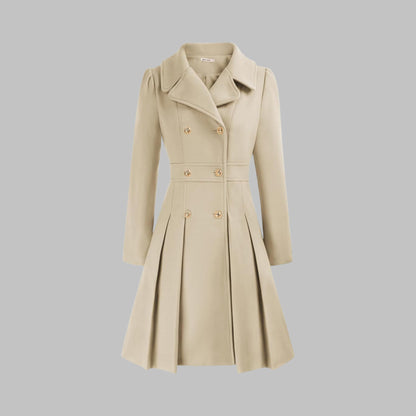 Zweireihiger Damen-Mantel mit Reverskragen, Taillenbund und ausgestelltem Faltenschoß in Beige