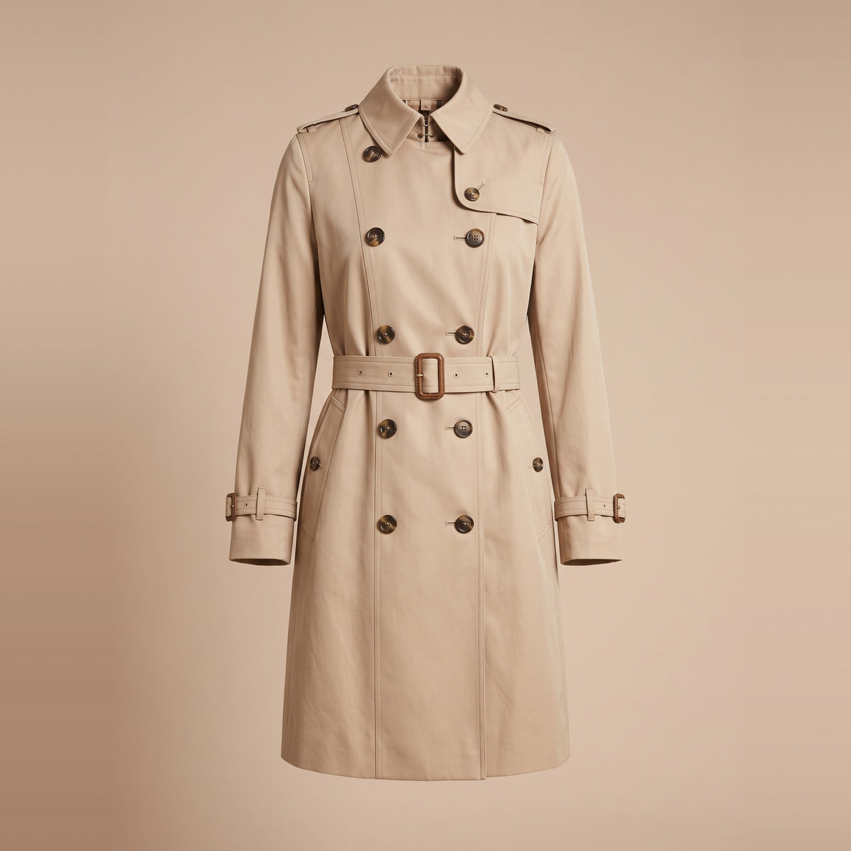 Zweireihiger Damen-Trenchcoat in Beige, Vorderansicht