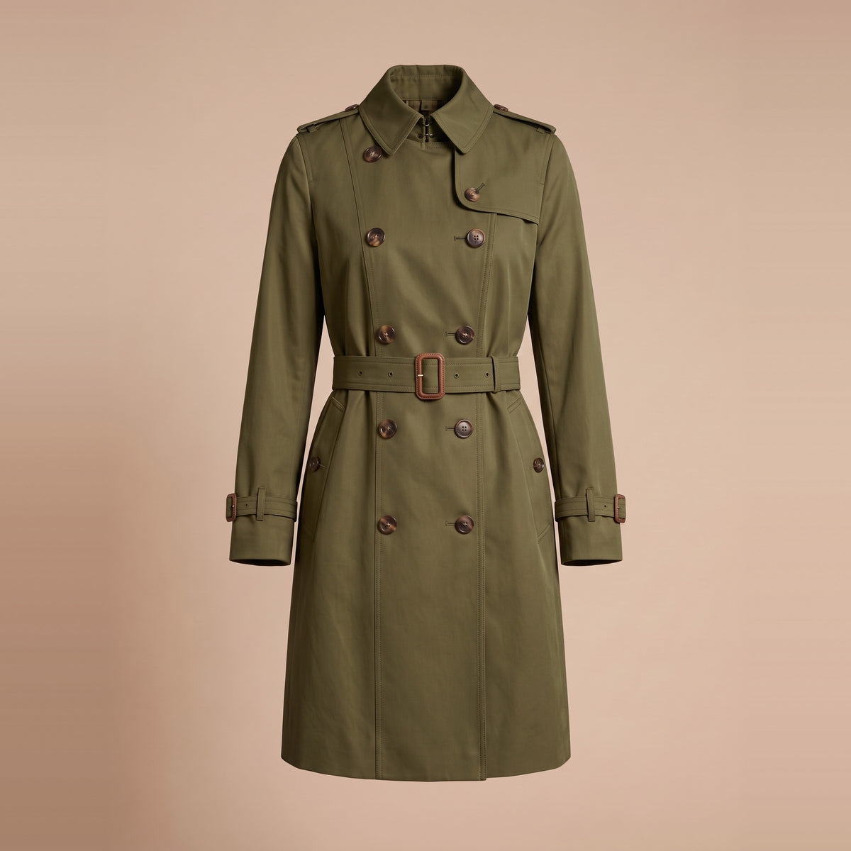 Zweireihiger Damen-Trenchcoat in Oliv, Vorderansicht