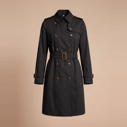 Zweireihiger Damen-Trenchcoat in Schwarz, Vorderansicht