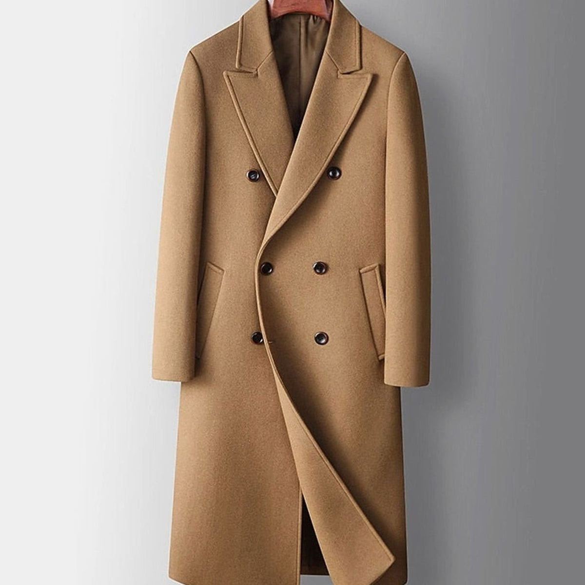 Zweireihiger Herren-Wollmantel mit Spitzrevers und Pattentaschen in Knielänge für Büro und Winter in Khaki