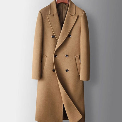Zweireihiger Herren-Wollmantel mit Spitzrevers und Pattentaschen in Knielänge für Büro und Winter in Khaki