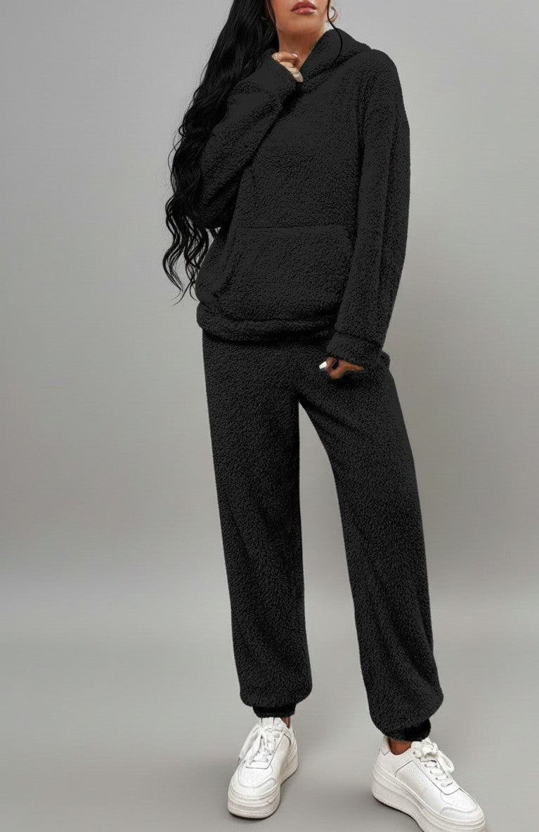 Zweiteiliger Damen-Hausanzug aus Teddystoff mit Kapuzenpullover, Kängurutasche und Hose, Ansicht 6