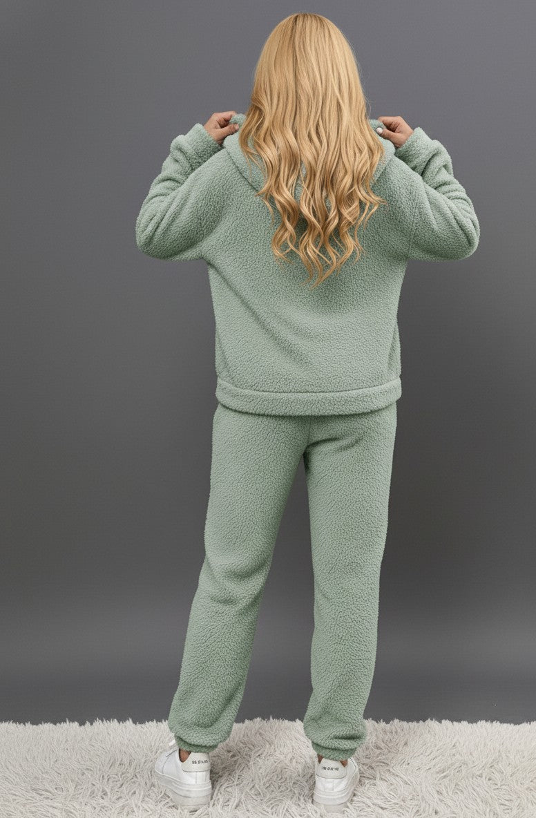 Zweiteiliger Damen-Hausanzug aus Teddystoff mit Kapuzenpullover, Kängurutasche und Hose, Ansicht 10