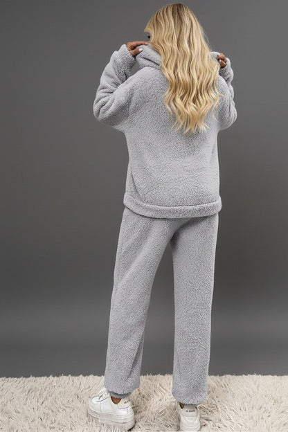Zweiteiliger Damen-Hausanzug aus Teddystoff mit Kapuzenpullover, Kängurutasche und Hose, Ansicht 12