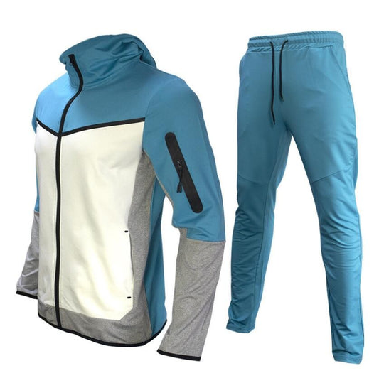 Zweiteiliger Herren-Trainingsanzug mit Kapuzenjacke, Ärmeltasche und Jogginghose in Hellblau