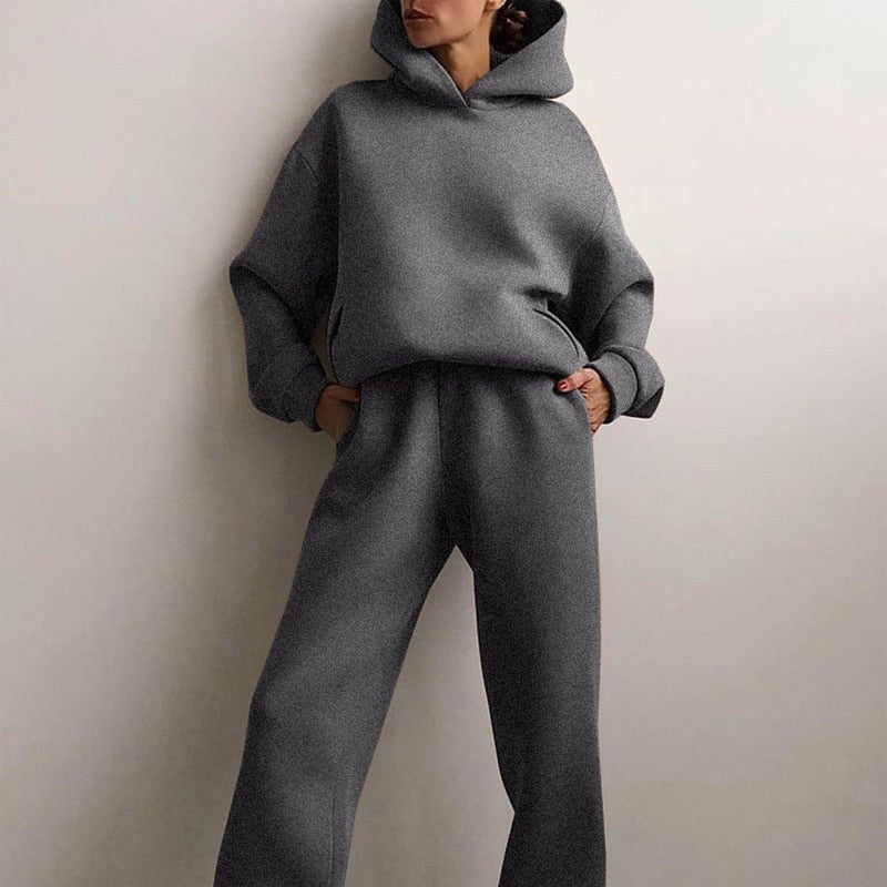 Zweiteiliges Damen-Jogginganzug-Set mit Kapuzenpullover und Jogginghose mit Gummibund in Grau