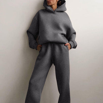 Zweiteiliges Damen-Jogginganzug-Set mit Kapuzenpullover und Jogginghose mit Gummibund in Grau