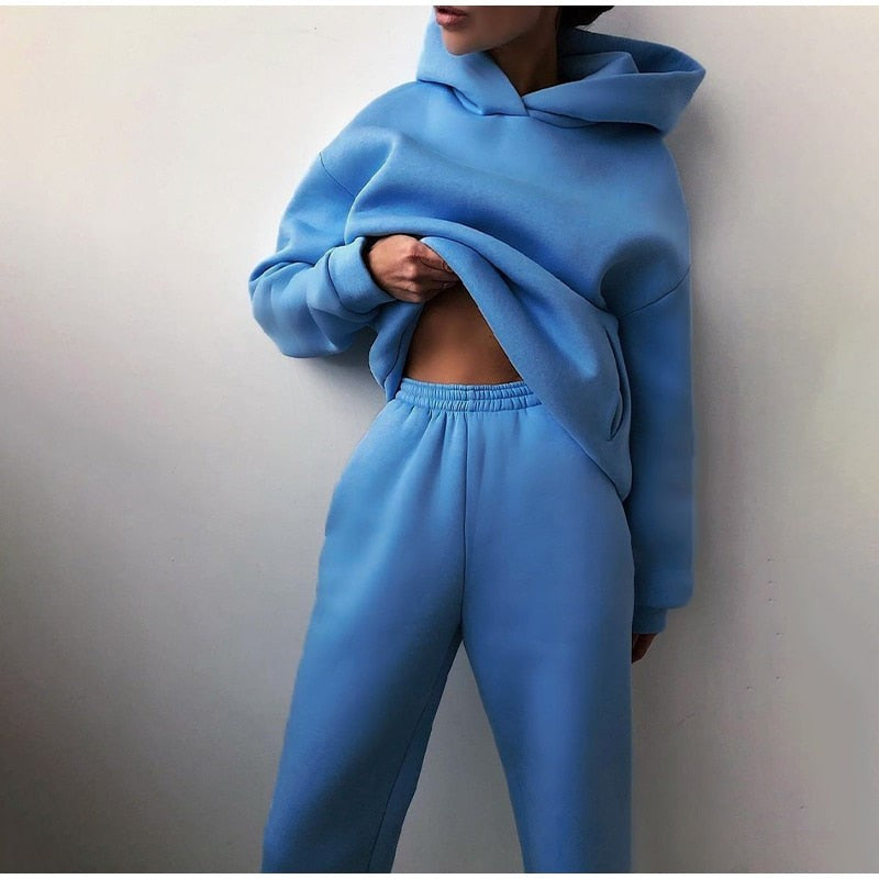 Zweiteiliges Damen-Jogginganzug-Set mit Kapuzenpullover und Jogginghose mit Gummibund in Blau