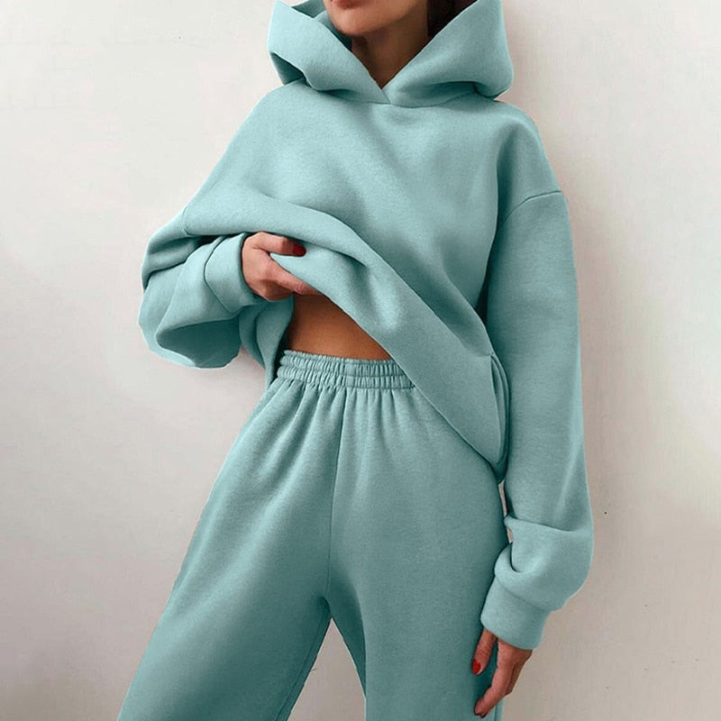 Zweiteiliges Damen-Jogginganzug-Set mit Kapuzenpullover und Jogginghose mit Gummibund in Hellblau
