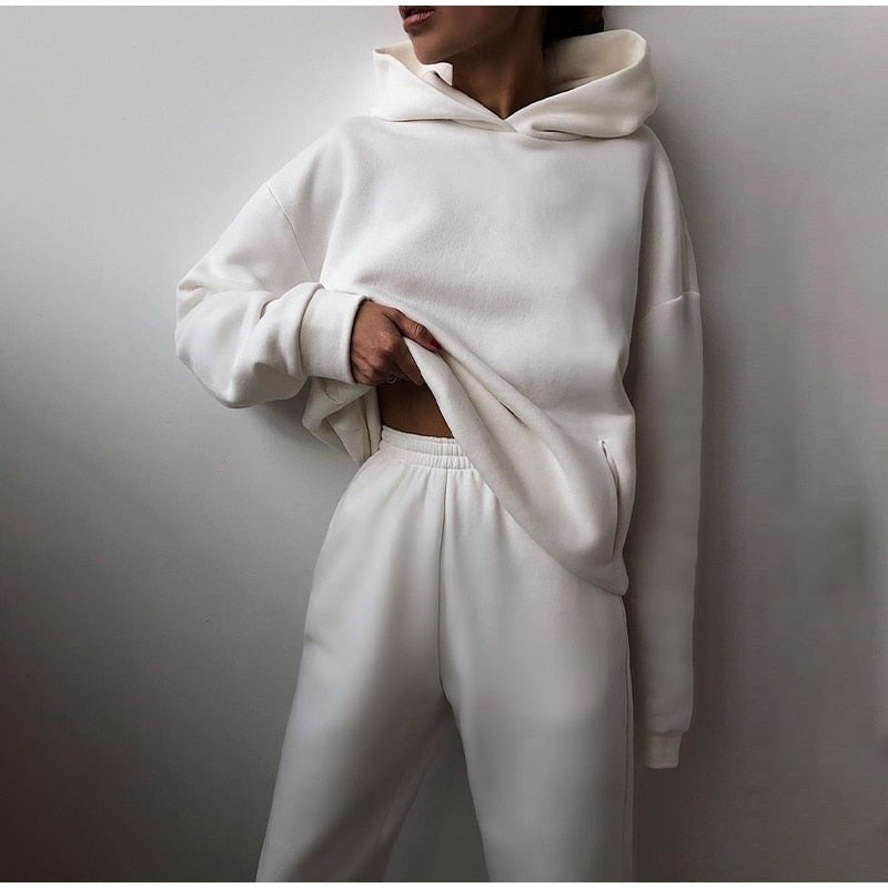 Zweiteiliges Damen-Jogginganzug-Set mit Kapuzenpullover und Jogginghose mit Gummibund in Weiß