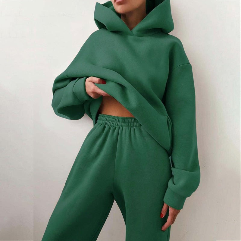 Zweiteiliges Damen-Jogginganzug-Set mit Kapuzenpullover und Jogginghose mit Gummibund in Grün