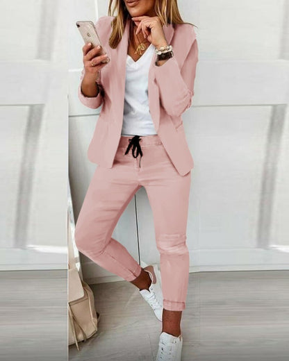 Zweiteiliges Damen-Set aus Blazer und Hose mit Kordelzug und elastischen Beinabschlüssen in Rosa