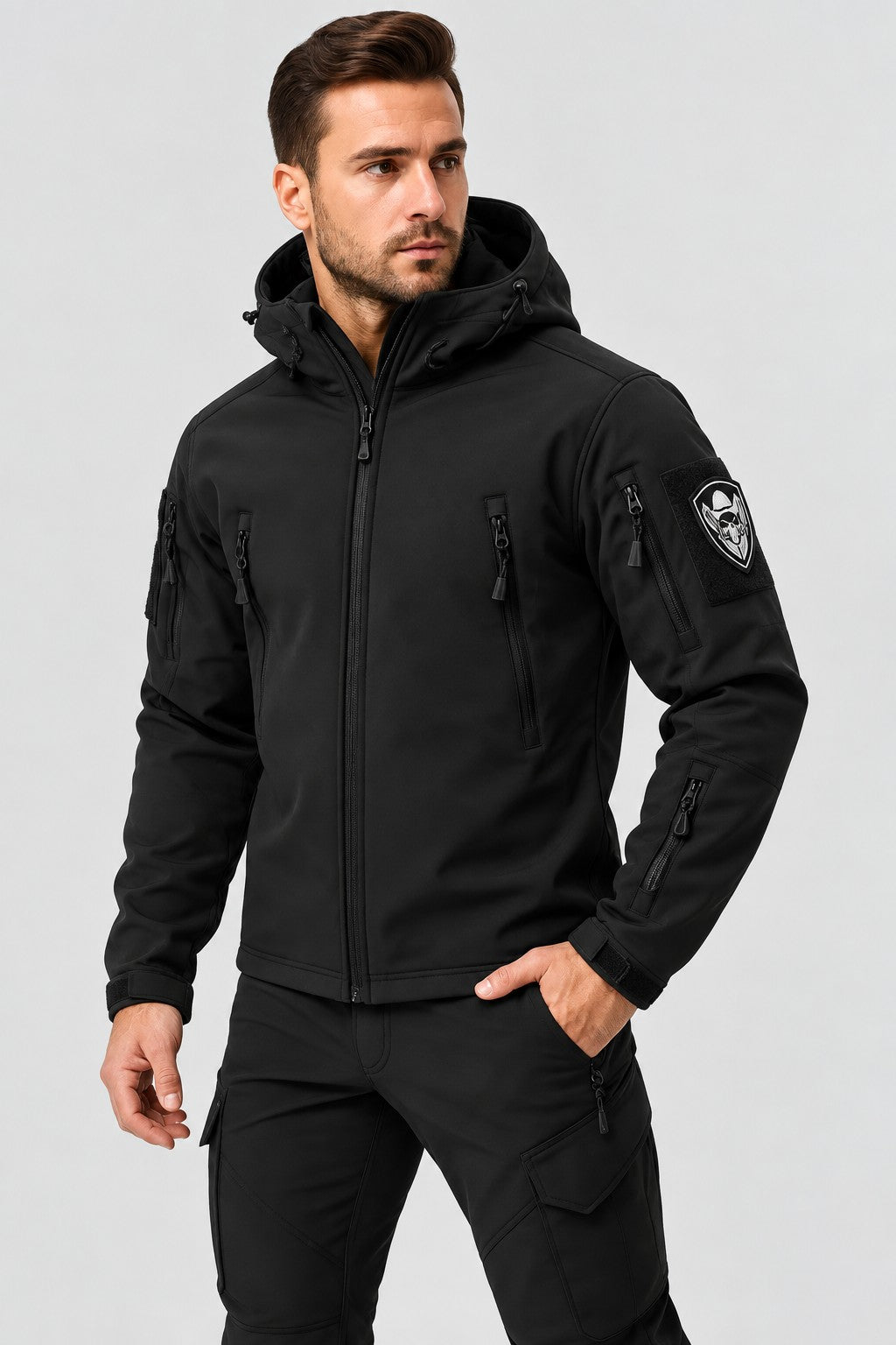 Zweiteiliges Herren-Outdoor-Set aus Jacke und Hose, wasserabweisend mit Fleecefutter in Schwarz