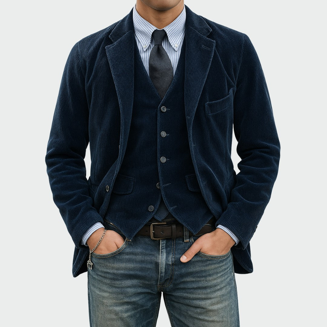 Zweiteiliges Herren-Sakko-Set mit Weste in Cordoptik, Reverskragen und Pattentaschen in Blau