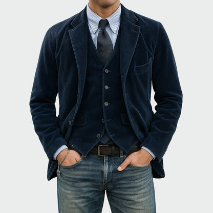 Zweiteiliges Herren-Sakko-Set mit Weste in Cordoptik, Reverskragen und Pattentaschen in Blau