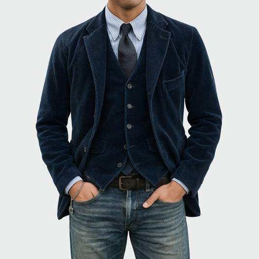 Zweiteiliges Herren-Sakko-Set mit Weste in Cordoptik, Reverskragen und Pattentaschen in Blau