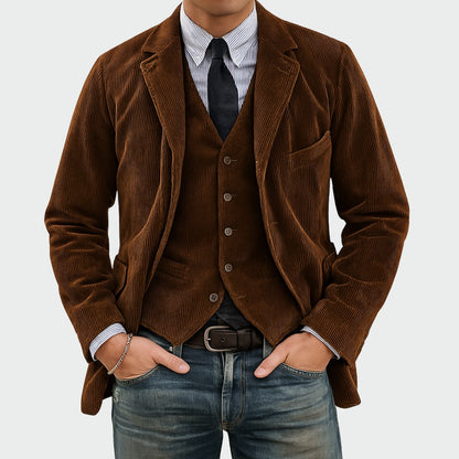 Zweiteiliges Herren-Sakko-Set mit Weste in Cordoptik, Reverskragen und Pattentaschen in Braun