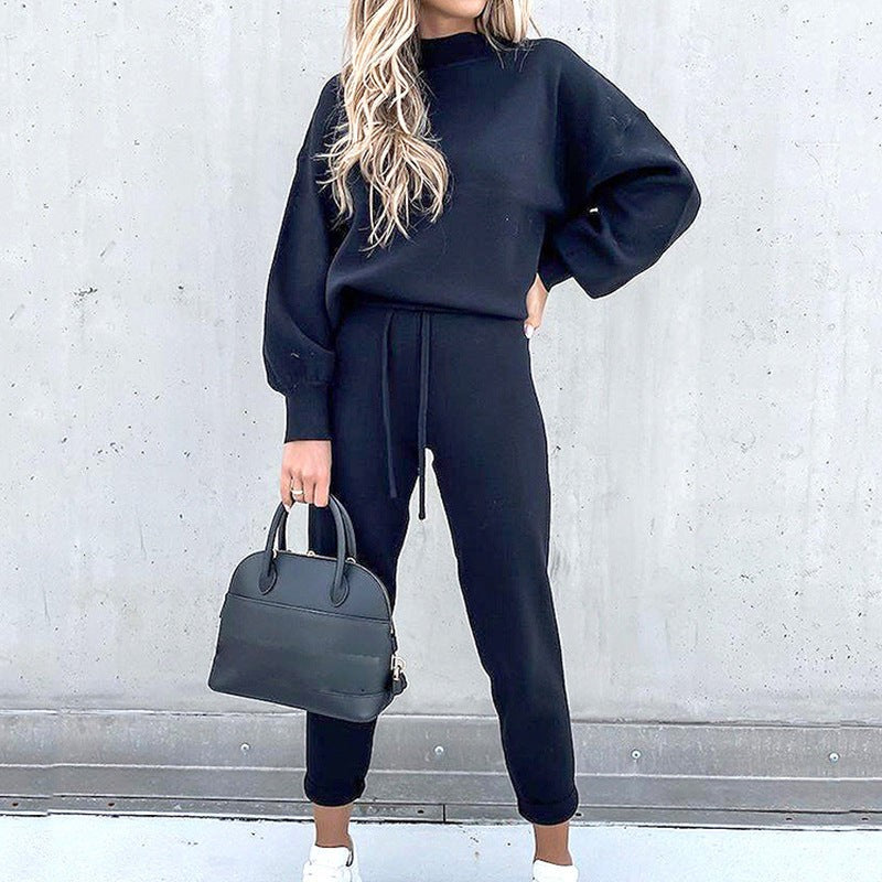 Zweiteiliges Loungewear-Set aus weichem Strick mit Rollkragenpullover und Hose mit hoher Taille in Dunkelblau